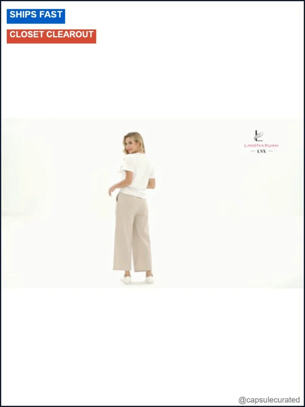Linen Cotton Wide Leg High Waisted Drawstring Capri Pants with Pockets